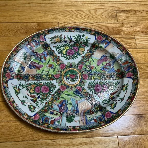 Vintage GuangCai (廣彩瓷）Chinese Medallion Family Rose Oval Platter, 16" x 13.25" x - Picture 10 of 11